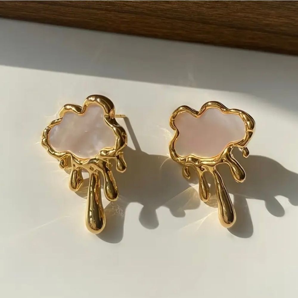 Gold Cloud Drop Earrings with White Inlay - Picture 3 of 5